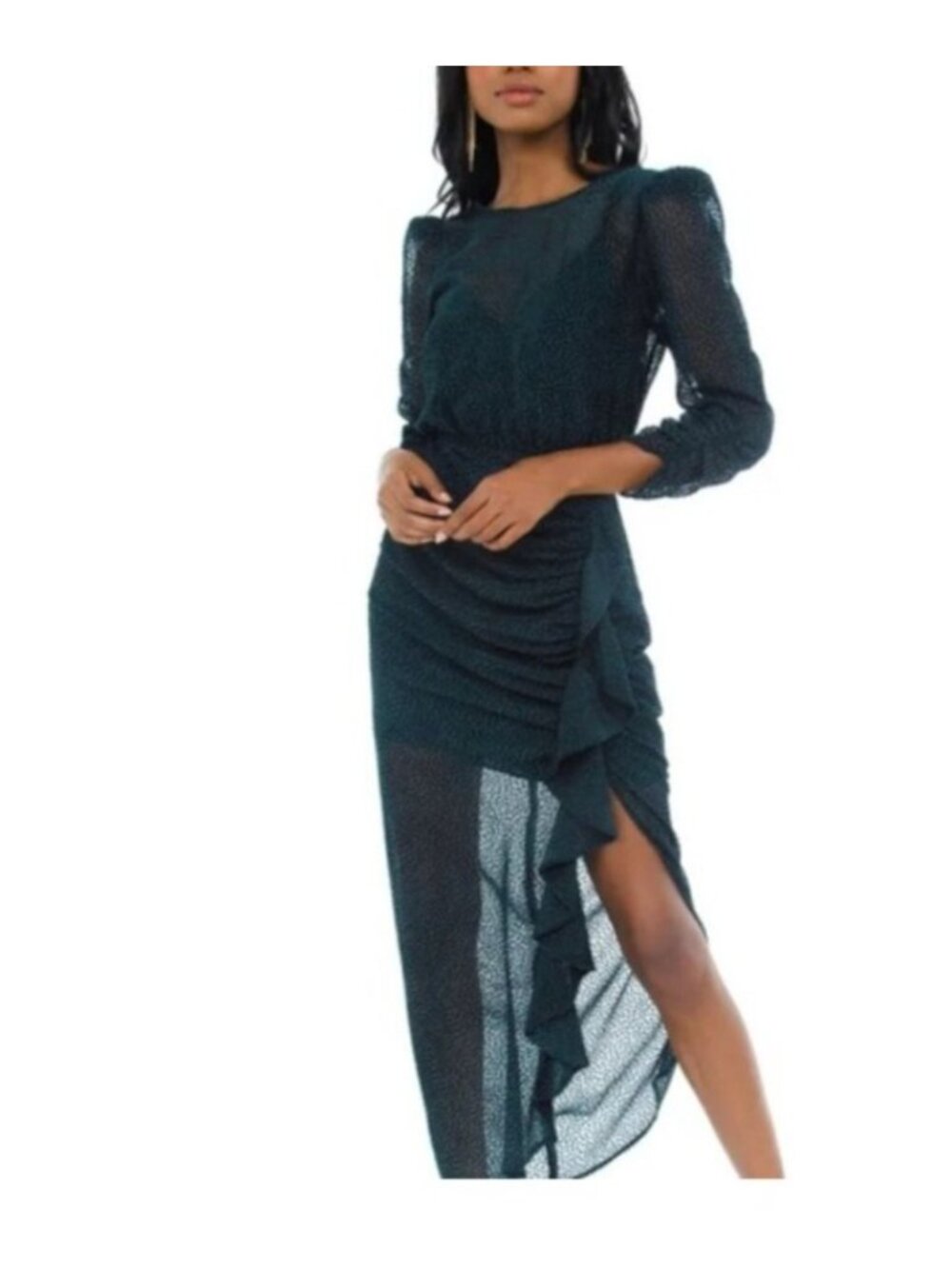 ASTR the label Samara dress in forest green dot ruffles puff sleeve sz L